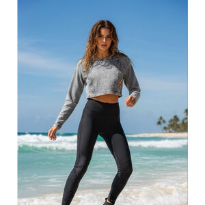 Seafolly Blue Acid Wash Cropped Rashie Feather Hamsa Patches Size 10 (6/US) NWT